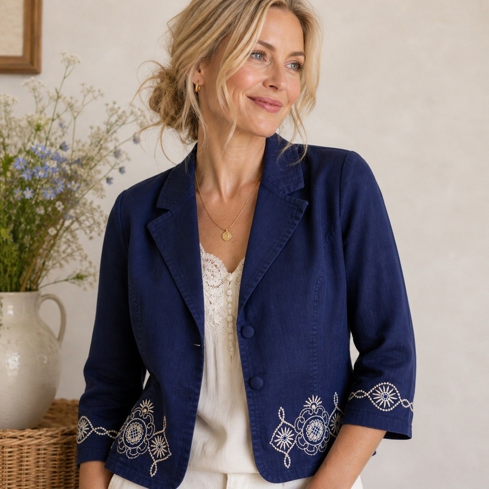 Petite Navy Embroidered Jacket Womens 16P Cotton Peck‎ & Peck Cottage Coastal